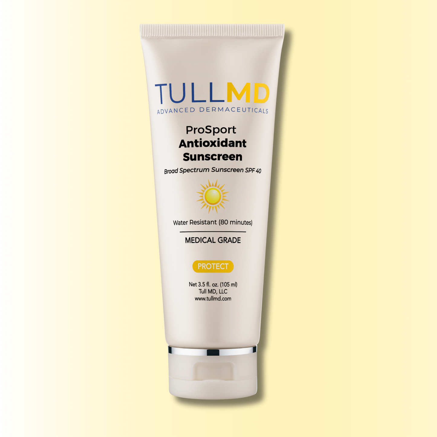 TullMD ProSport Antioxidant Sunscreen tube on a light yellow background