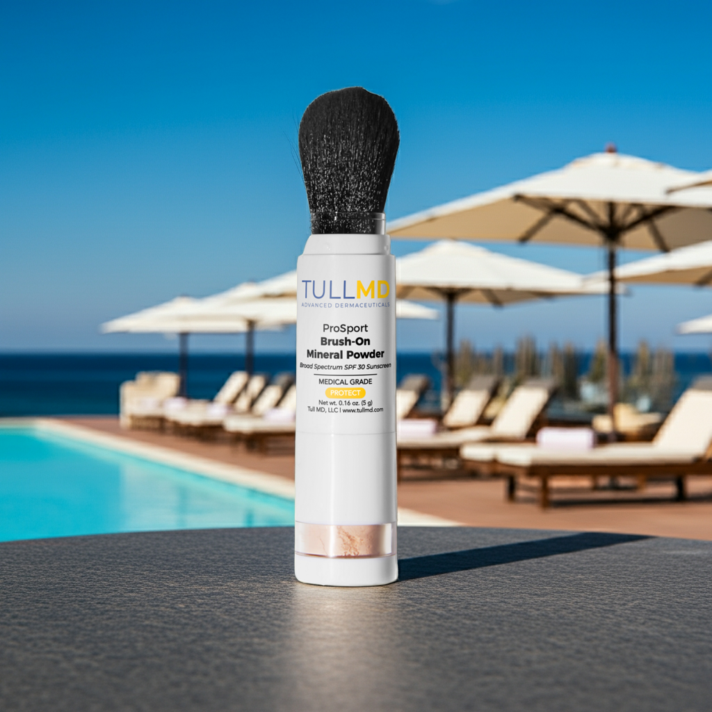 ProSport Brush-On Mineral Powder SPF 30 sunscreen poolside at a seaside resort
