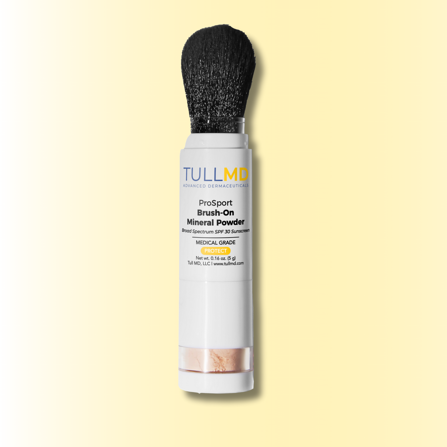 Tull MD Brush-On Mineral Powder on a light yellow background