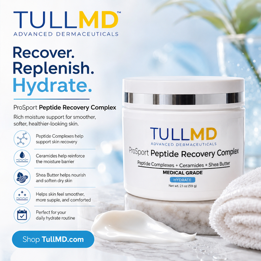 TULLMD ProSport Peptide Recovery Complex jar with branding and product details on a blurred natural background.