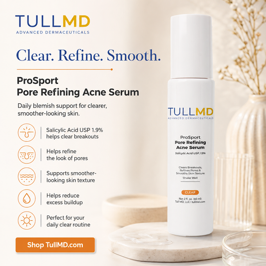 TullMD ProSport Pore Refining Acne Serum bottle with product details on a neutral background