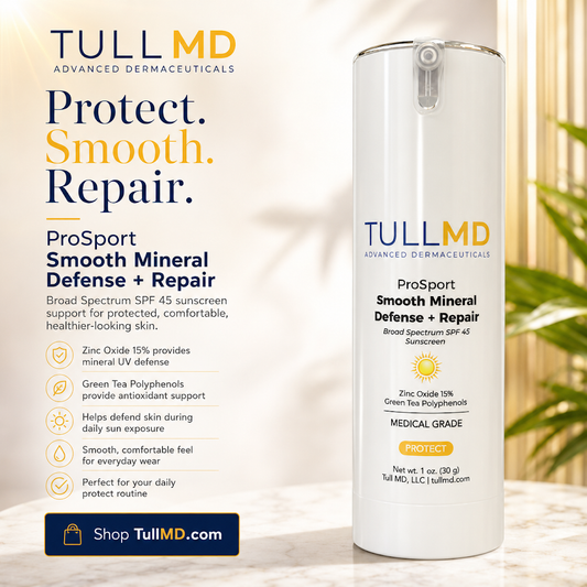 Tull MD sunscreen bottle with product details on a blurred background