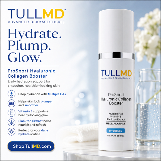 TullMD ProSport Hyaluronic Collagen Booster bottle with product details on a blurred background