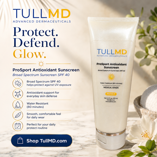 TullMD ProSport Antioxidant Sunscreen tube with product details on a marble surface.