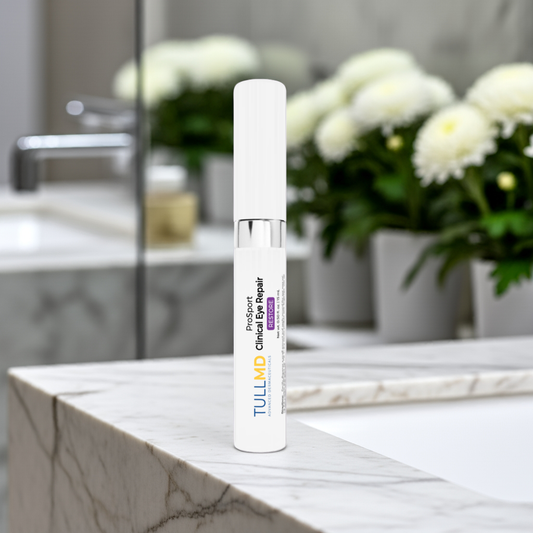 Tull MD ProSport Clinical Eye Repair serum on a marble counter.