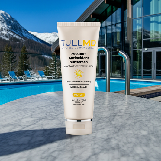 ProSport Antioxidant Sunscreen SPF 40 poolside at a luxurious ski resort.