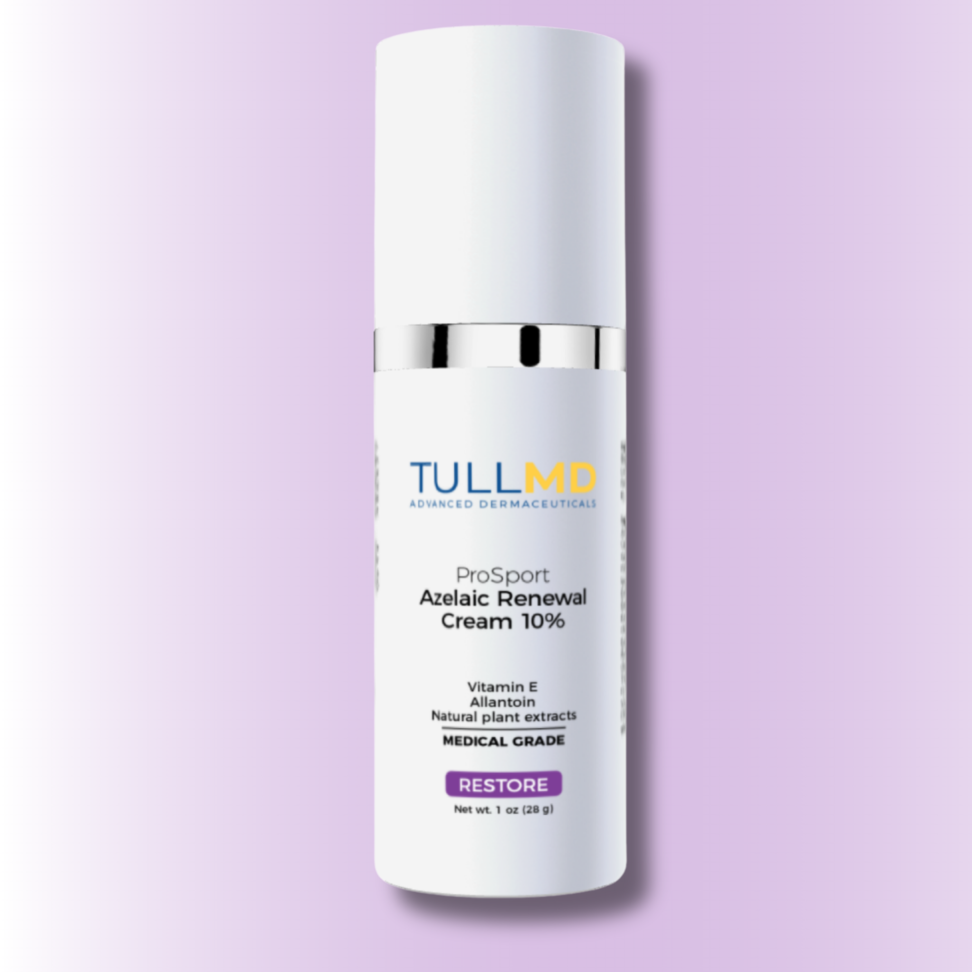 Tull MD ProSport Azelaic Renewal Cream 10% bottle on a light purple background