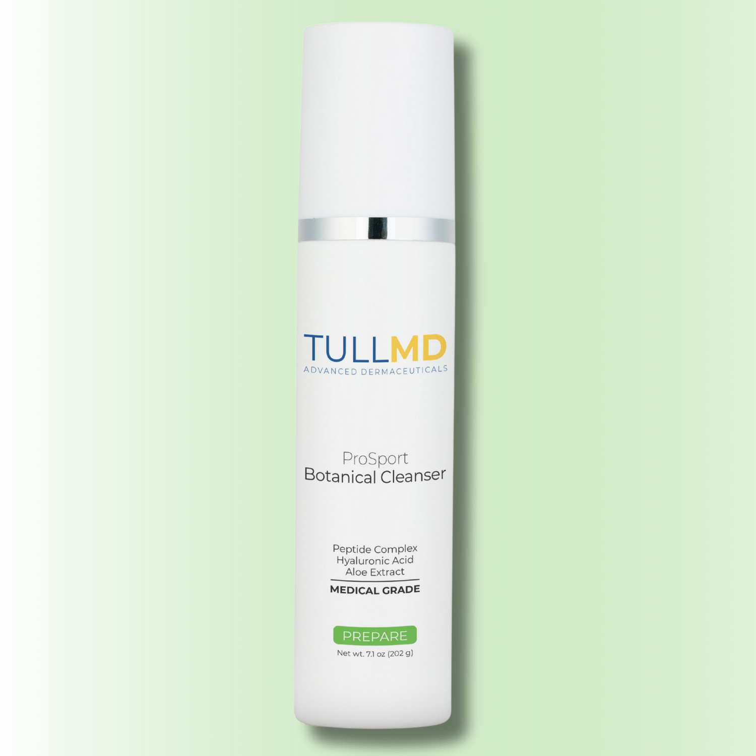 A pump bottle of TULLMD ProSport Botanical Cleanser against a green background.