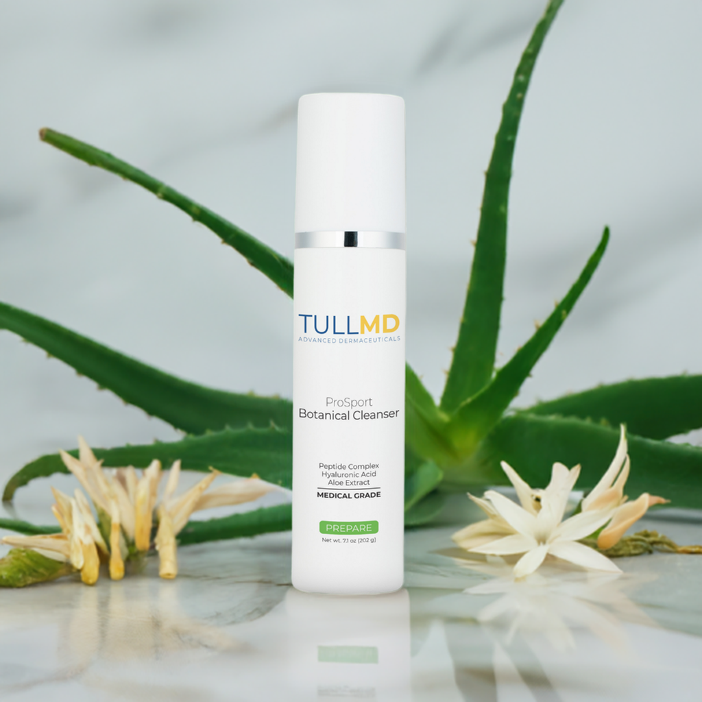 A pump bottle of TULLMD ProSport Botanical Cleanser with aloe and other ingredients