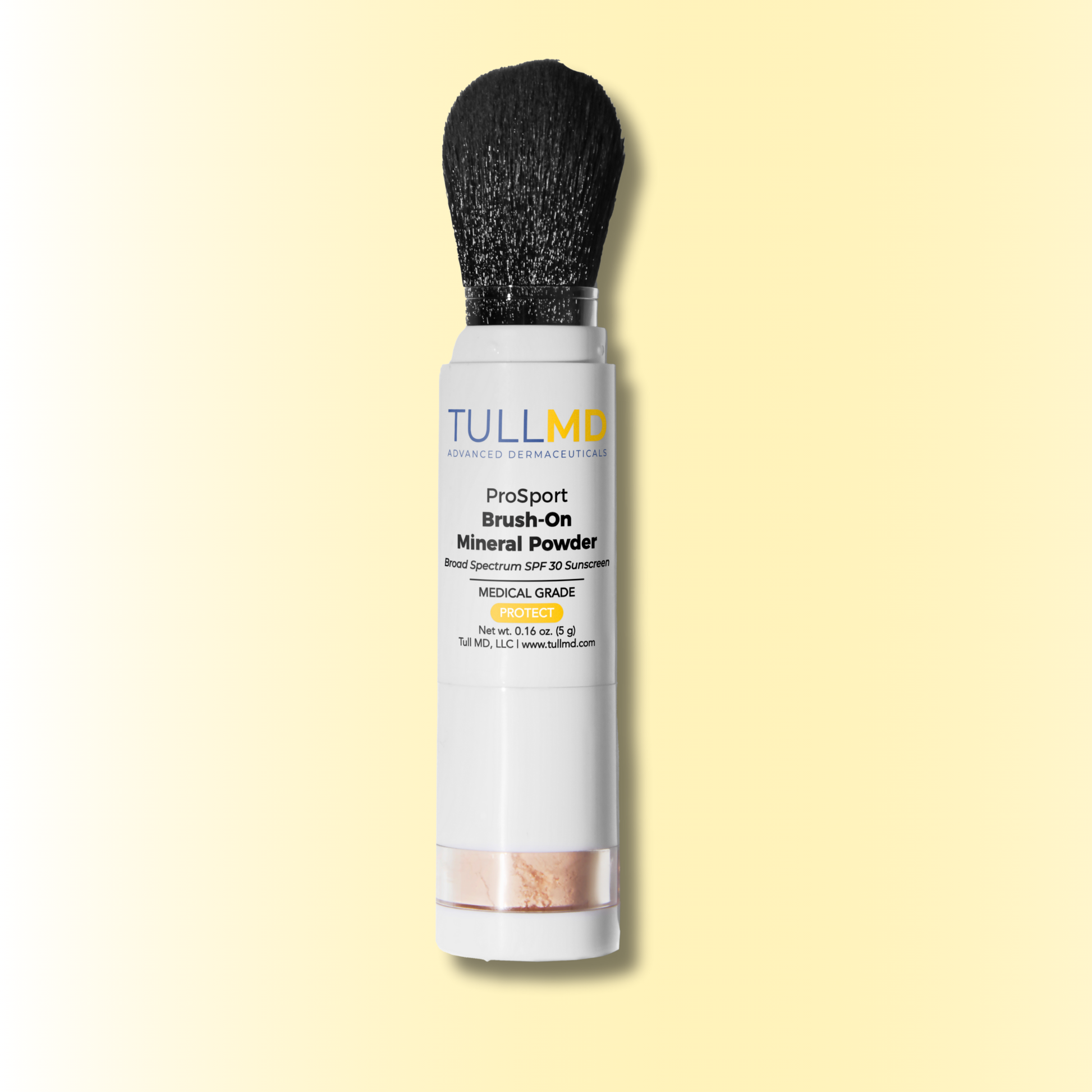 Tull MD Brush-On Mineral Powder on a light yellow background