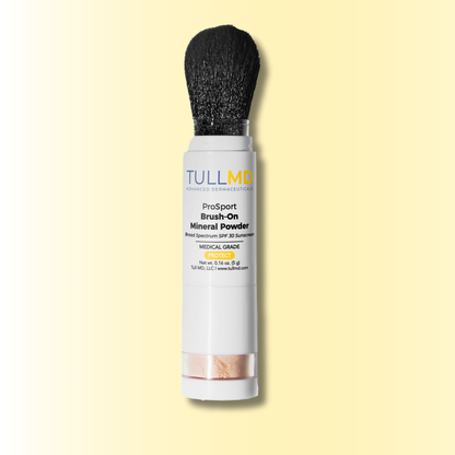 Tull MD Brush-On Mineral Powder on a light yellow background