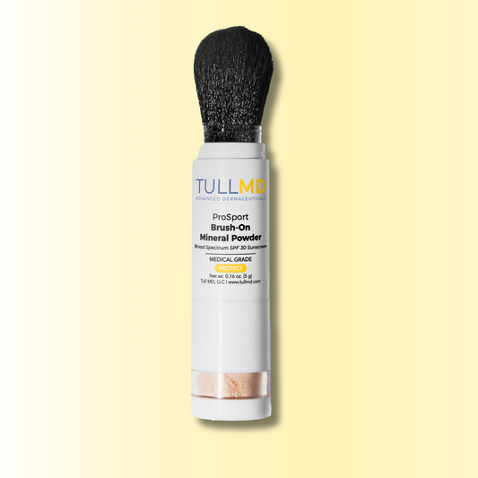 Tull MD Brush-On Mineral Powder on a light yellow background