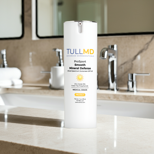 ProSport Smooth Mineral Defense SPF 45 Sunscreen on a counter in a luxurious bathroom.