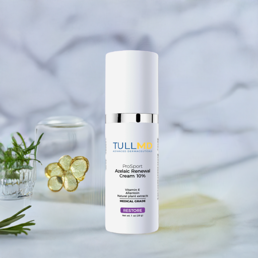 Tull MD ProSport Azelaic Renewal Cream 10% bottle on a counter with some of the ingredients in the background.
