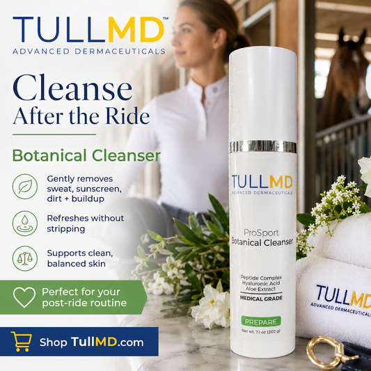 TullMD botanical cleanser with product details and branding on a blurred background of a person and horse.