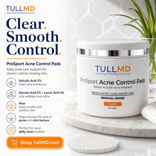 TullMD ProSport Acne Control Pads container with product details on a marble surface.