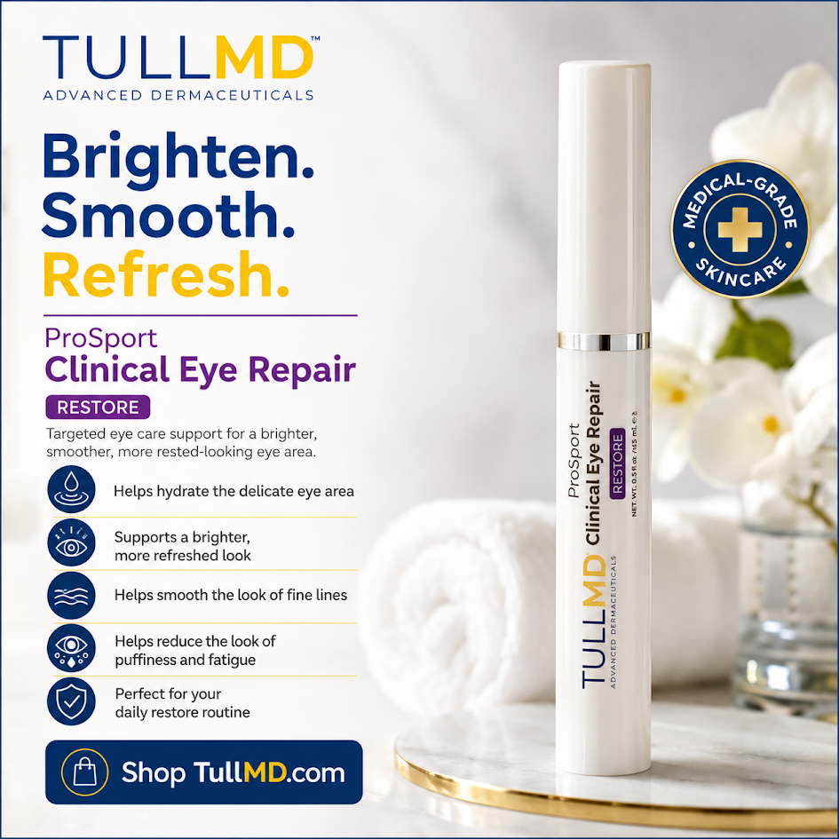 TullMD ProSport Clinical Eye Repair with product details and branding on a white background.