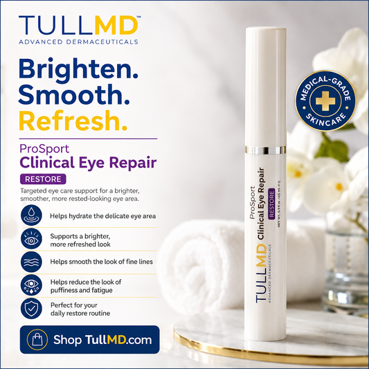TullMD ProSport Clinical Eye Repair with product details and branding on a white background.