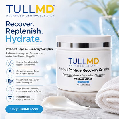 TULLMD ProSport Peptide Recovery Complex jar with branding and product details on a blurred natural background.
