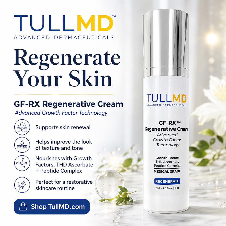 TULLMD GF-RX Regenerative Cream bottle with promotional text on a light background