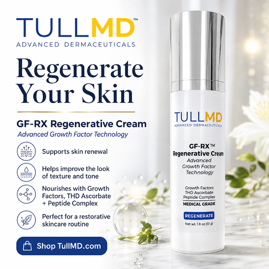 TULLMD GF-RX Regenerative Cream bottle with promotional text on a light background