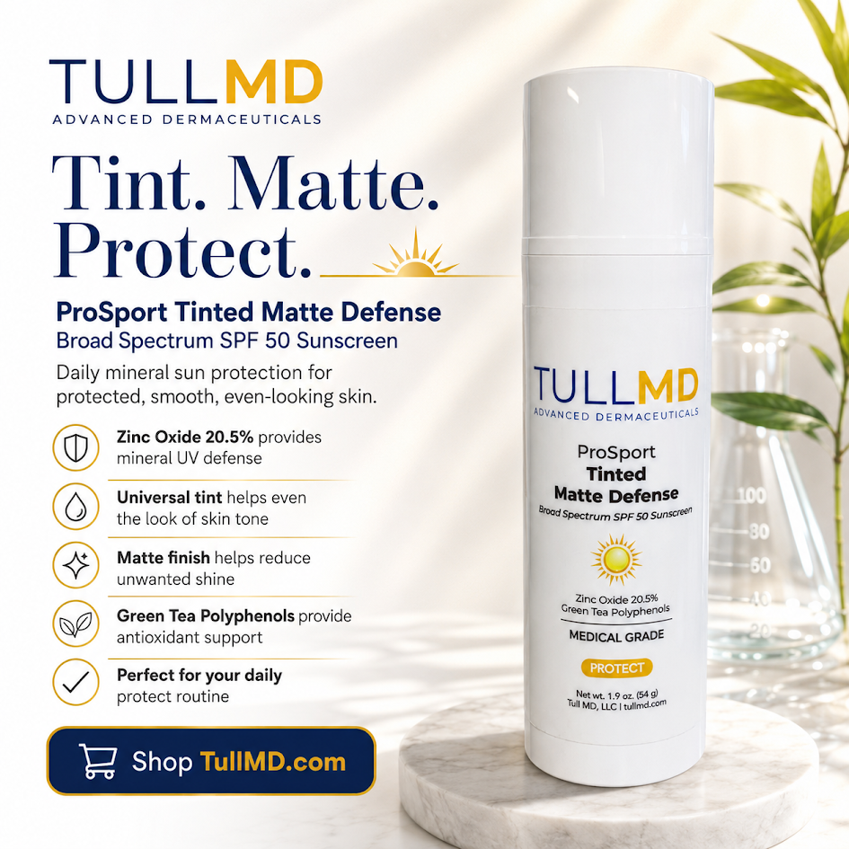 TULL MD Tinted Matte sunscreen bottle with product details on a neutral background