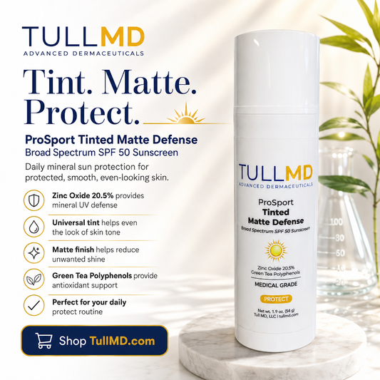 TULL MD Tinted Matte sunscreen bottle with product details on a neutral background