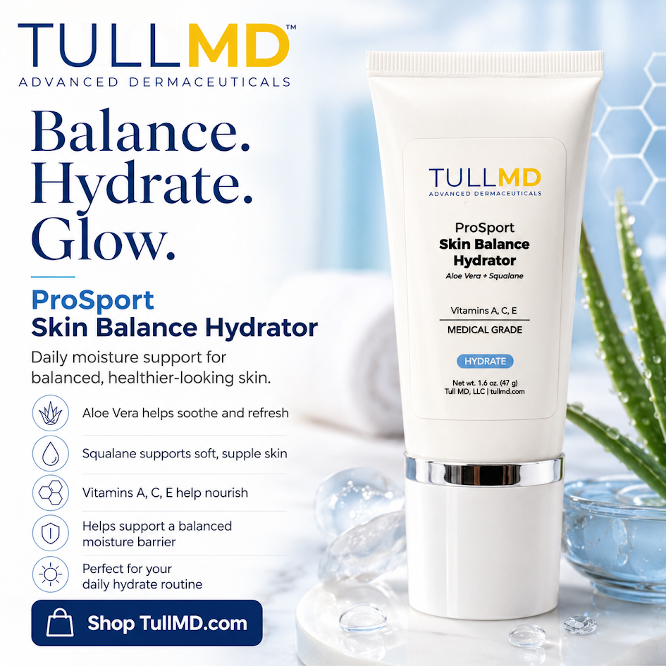 TULL MD ProSport Skin Balance Hydrator with aloe vera and water droplets on a light blue background