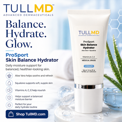 TULL MD ProSport Skin Balance Hydrator with aloe vera and water droplets on a light blue background