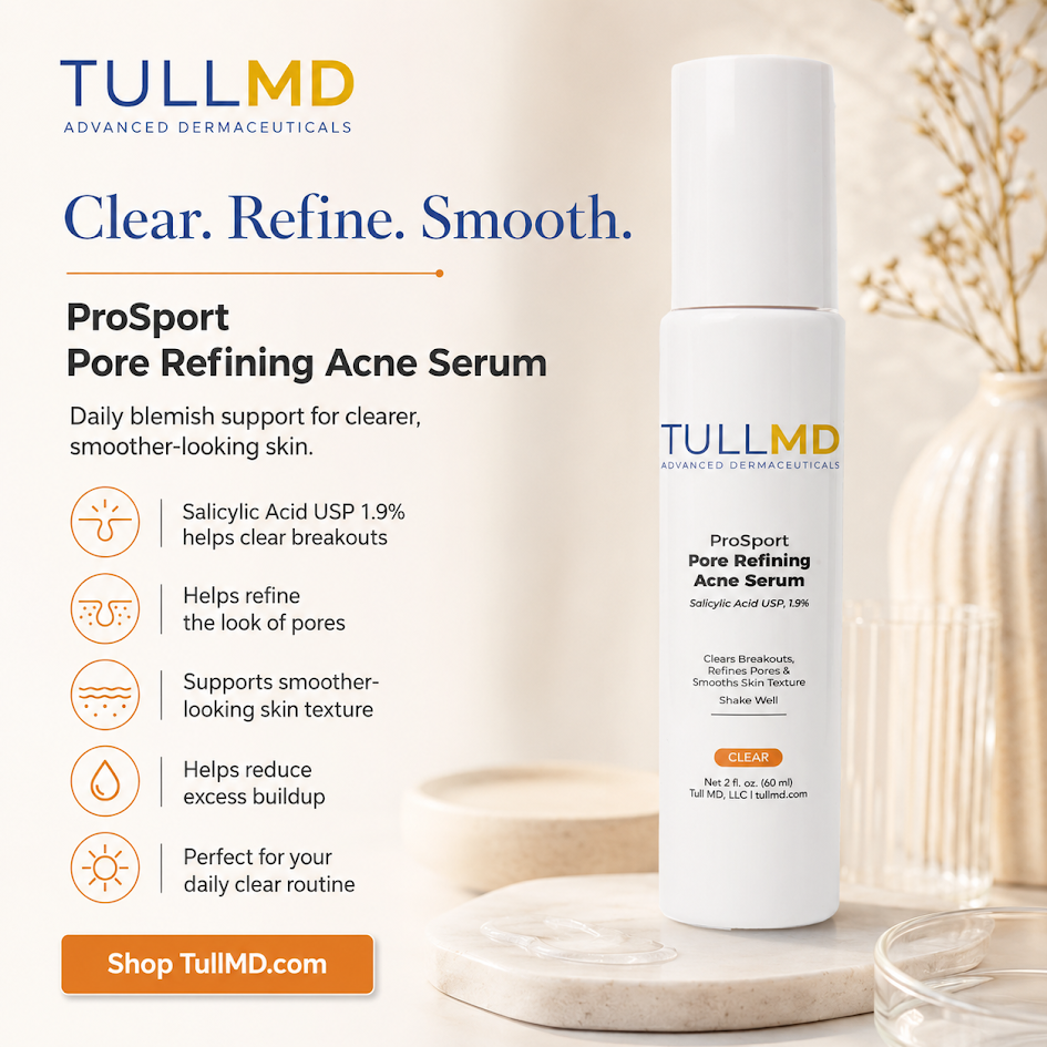 TullMD ProSport Pore Refining Acne Serum bottle with product details on a neutral background