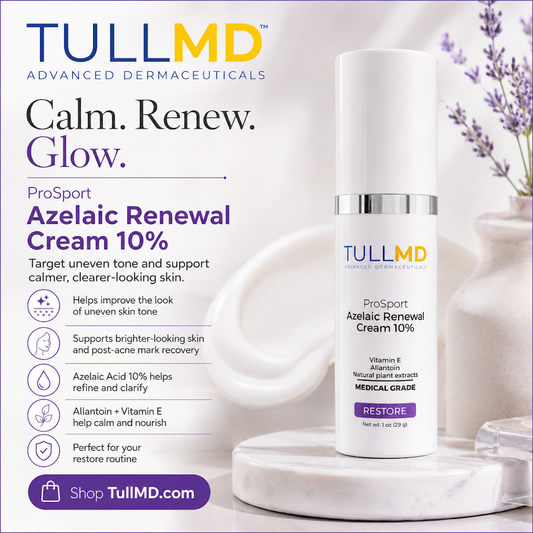 TULLMD Azelaic Renewal Cream 10% bottle with product details on a white background