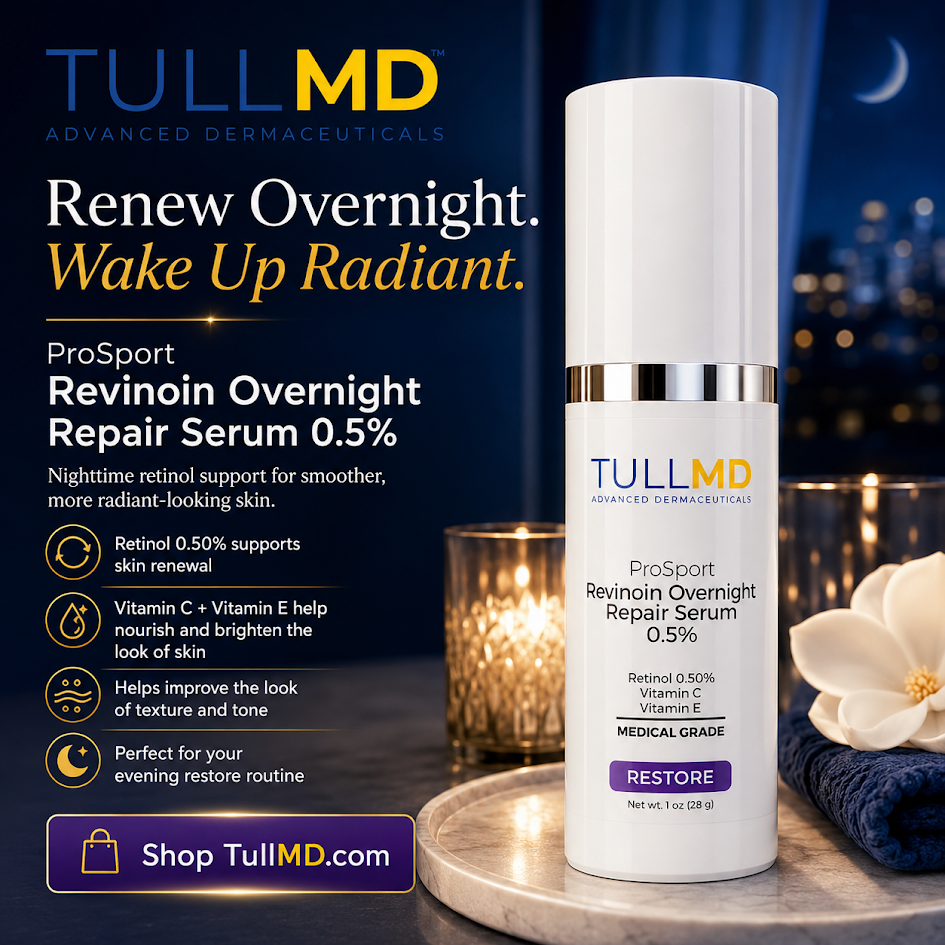 TULL MD ProSport Revinoin Overnight Repair Serum 0.5% bottle with promotional text on a dark background.