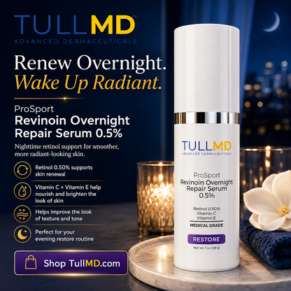 TULL MD ProSport Revinoin Overnight Repair Serum 0.5% bottle with promotional text on a dark background.