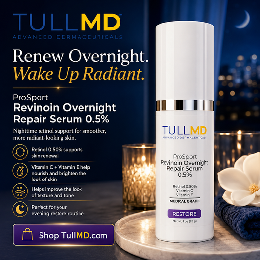 TULL MD ProSport Revinoin Overnight Repair Serum 0.5% bottle with promotional text on a dark background.