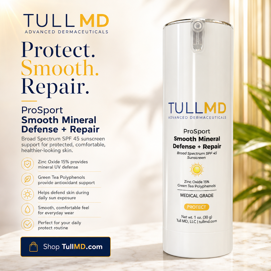 Tull MD sunscreen bottle with product details on a blurred background