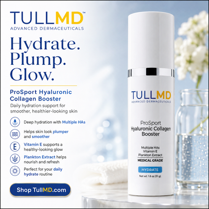 TullMD ProSport Hyaluronic Collagen Booster bottle with product details on a blurred background
