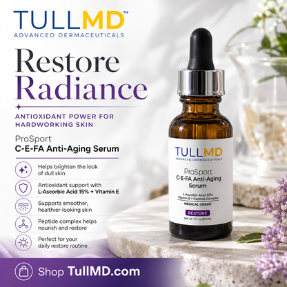TULLMD ProSport C-E-FA Anti-Aging Serum bottle with dropper on a marble surface with flowers.