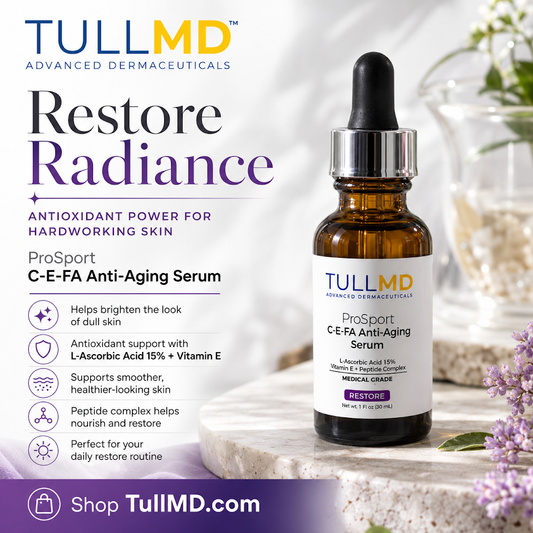 TULLMD ProSport C-E-FA Anti-Aging Serum bottle with dropper on a marble surface with flowers.