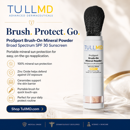 TULLMD ProSport Brush-On Mineral Powder with brush on a beige background