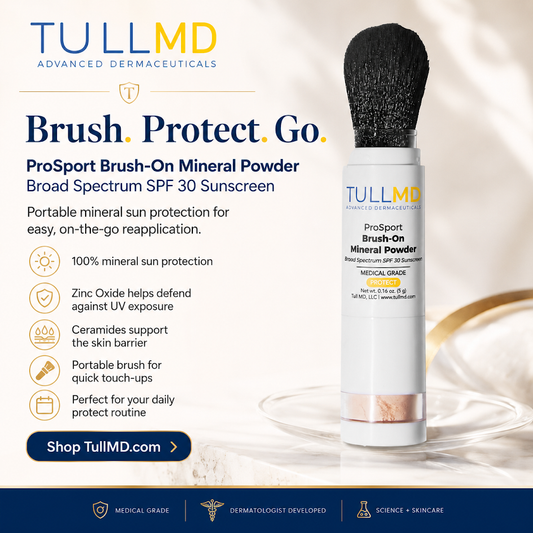 TULLMD ProSport Brush-On Mineral Powder with brush on a beige background