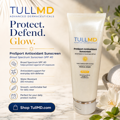 TullMD ProSport Antioxidant Sunscreen tube with product details on a marble surface.