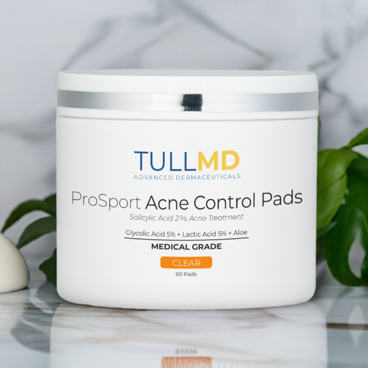 Tull MD's ProSport Acne Control Pads contain Salicylic Acid to help clear and prevent acne along with Lactic Acid and Glycolic Acid which work like a mini-peel even for those who do not have acne.