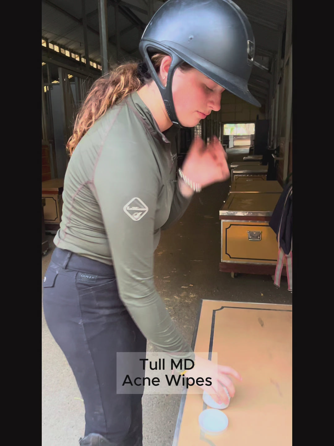 Rider uses Tull MD Acne Control Pads to clean forehead, face, and helmet after riding.